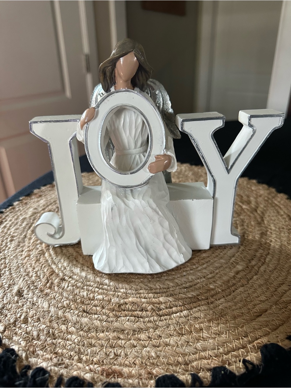 JOY Angel Figurine Tabletop Decor in White and Silver